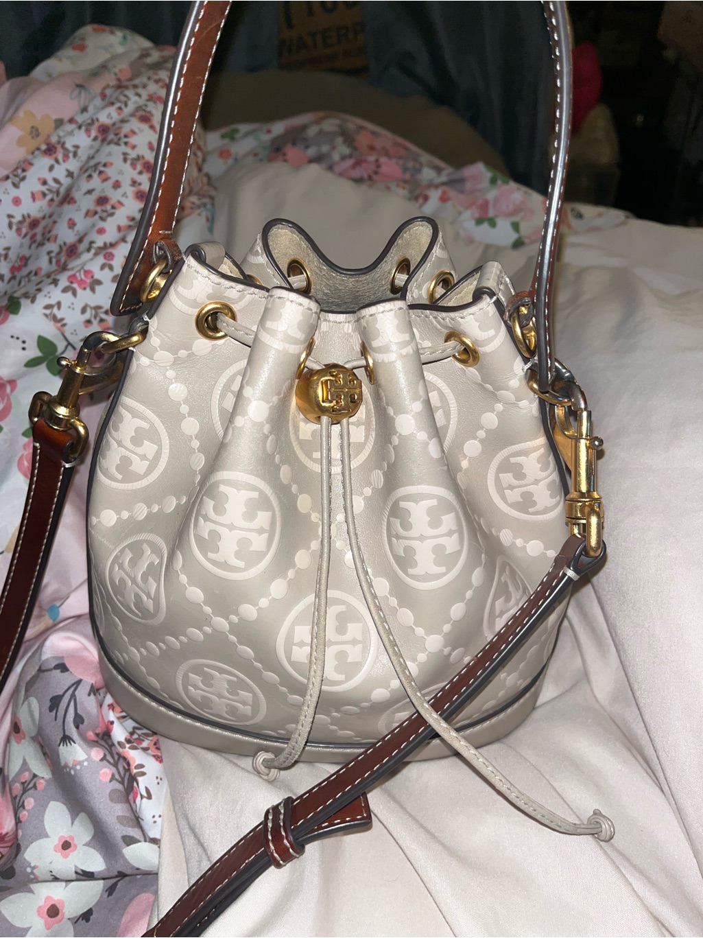 Tory Burch Cream Longan T Monogram Bucket Bag